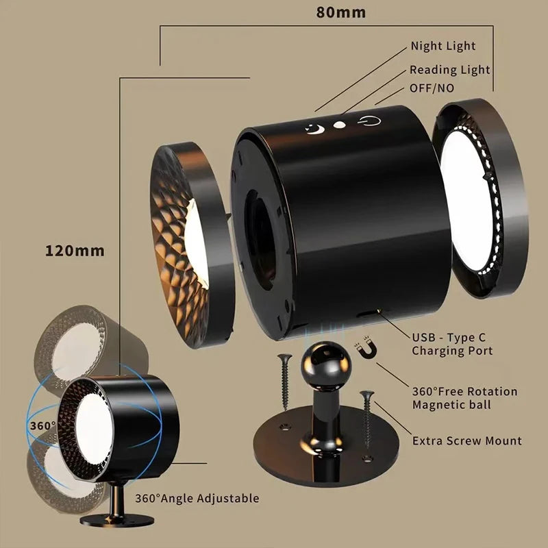 NoirGlow™ 360 – Rotatable LED Wall Lamp with Touch & USB