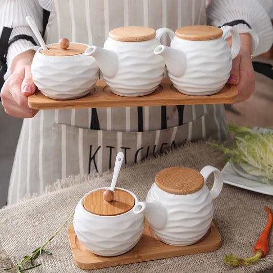 ZenPantry™ Ceramic Jar Set – Spice Containers with Bamboo Lids & Tray