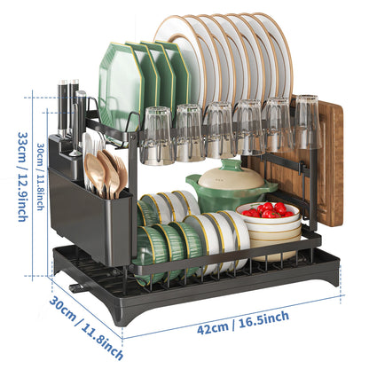 Escurridor de platos de 2 niveles con bandeja de drenaje y soporte para cubiertos