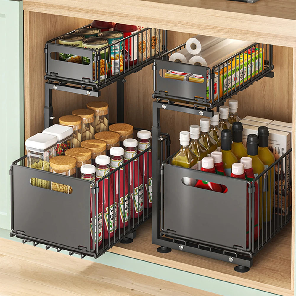2-Tier Pull Out Organizer – Adjustable Kitchen Rack
