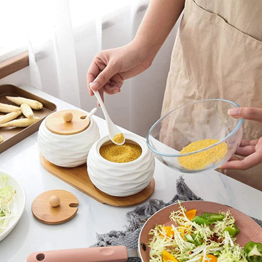 ZenPantry™ Ceramic Jar Set – Spice Containers with Bamboo Lids & Tray