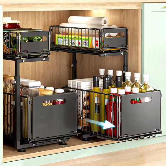2-Tier Pull Out Organizer – Adjustable Kitchen Rack